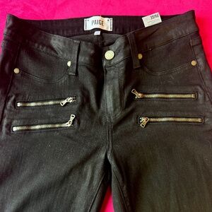 Paige Black Skinny Jeans with Zipper Detail and Leather-Like Look (Size 29)